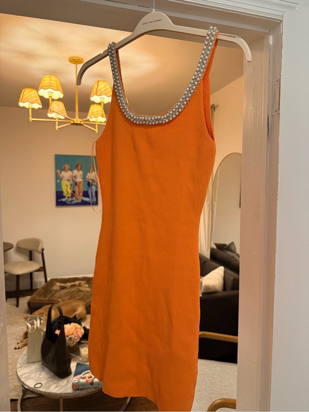 Endless Rose Orange Ribbed Mini Dress with Pearl Trim